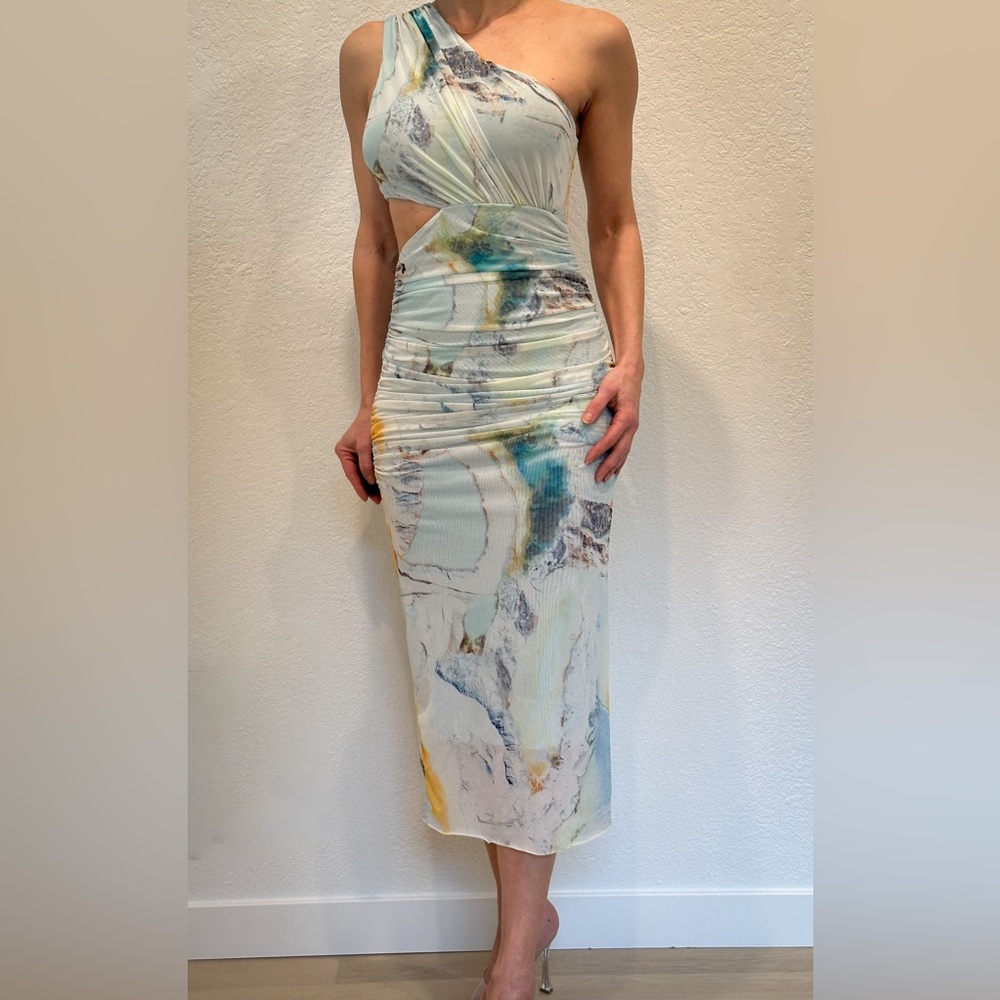 Zara, asymmetrical one shoulder mesh dress, size S